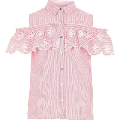 Girls pink stripe cold shoulder frill shirt